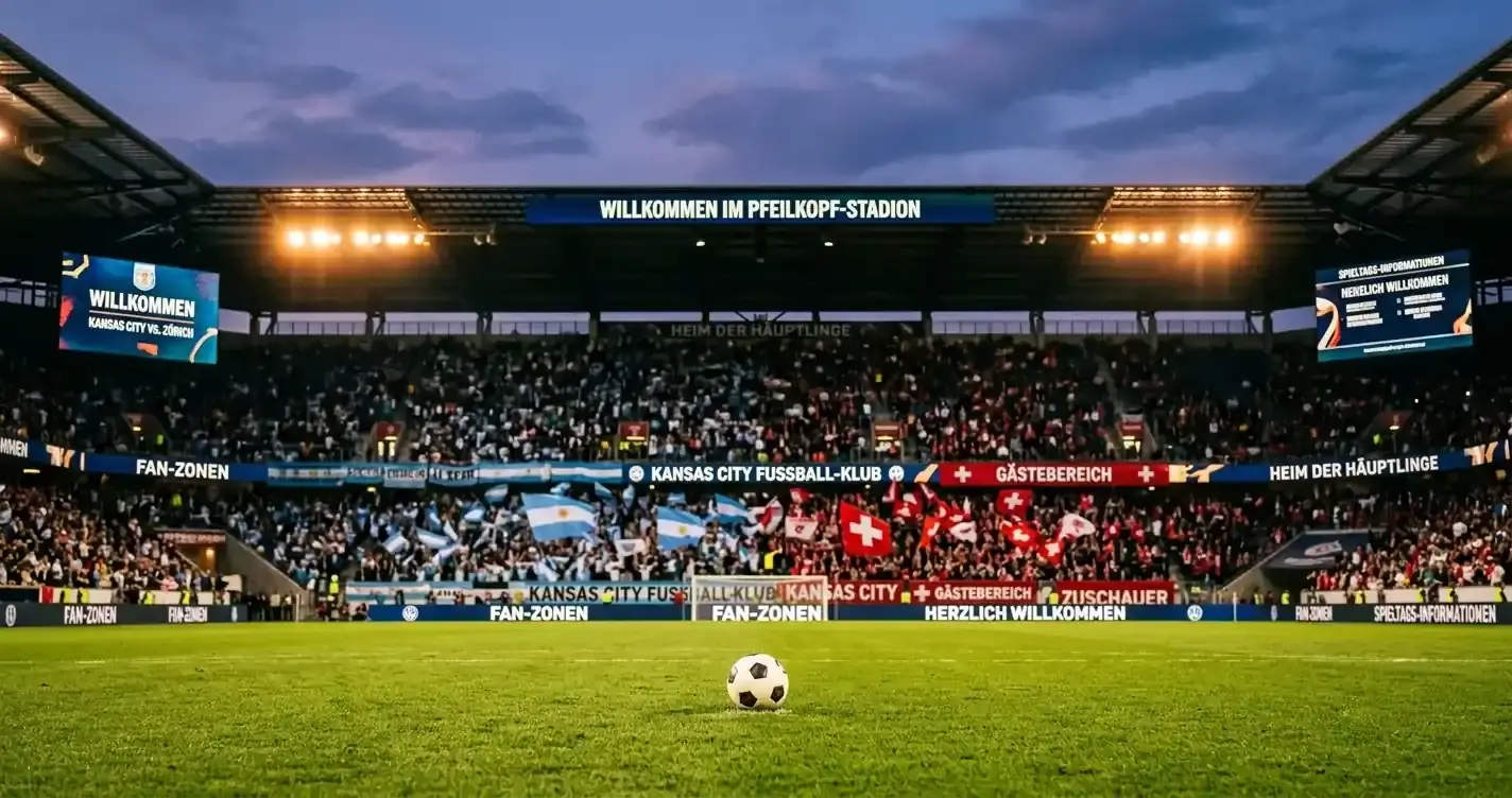 Das Arrowhead Stadium in Kansas City bei Sonnenuntergang mit argentinischen und schweizerischen Fahnen