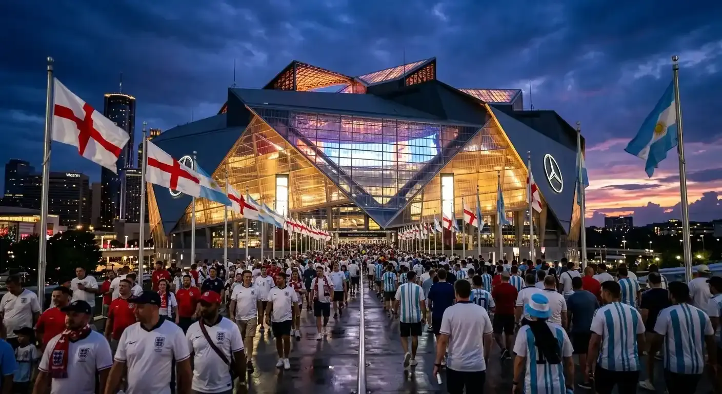 Blick auf das Mercedes-Benz Stadium in Atlanta bei Abenddämmerung mit englischen und argentinischen Fangruppen vor dem Eingang