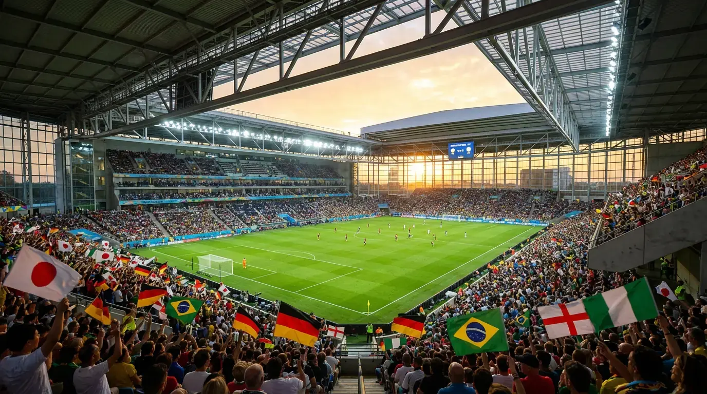 Fußballstadion bei der WM 2026 mit Flutlicht und Rasen in Nordamerika