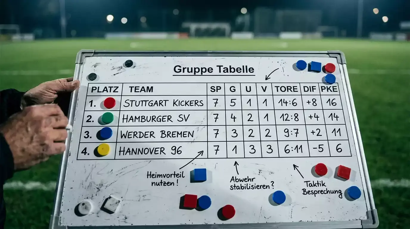 Taktiktafel mit der Tabelle einer WM-Gruppe vor dem letzten Spieltag