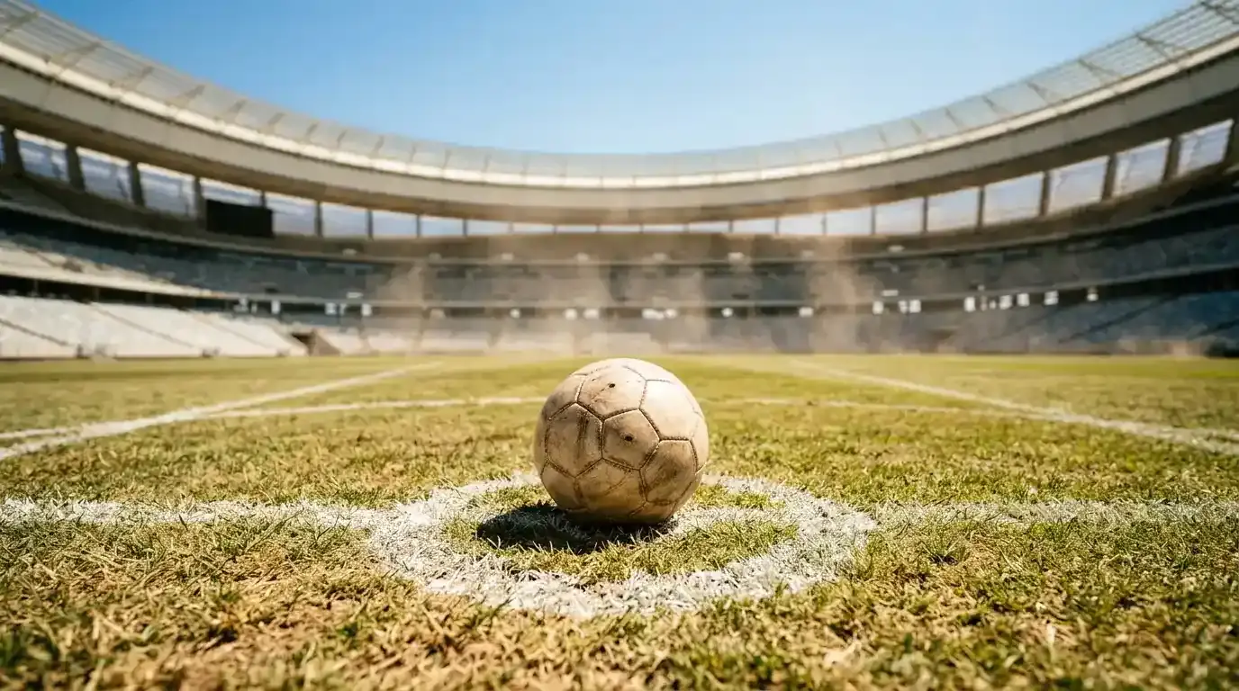Fußball auf dem Anstoßpunkt eines sonnendurchfluteten WM-Stadions bei großer Hitze