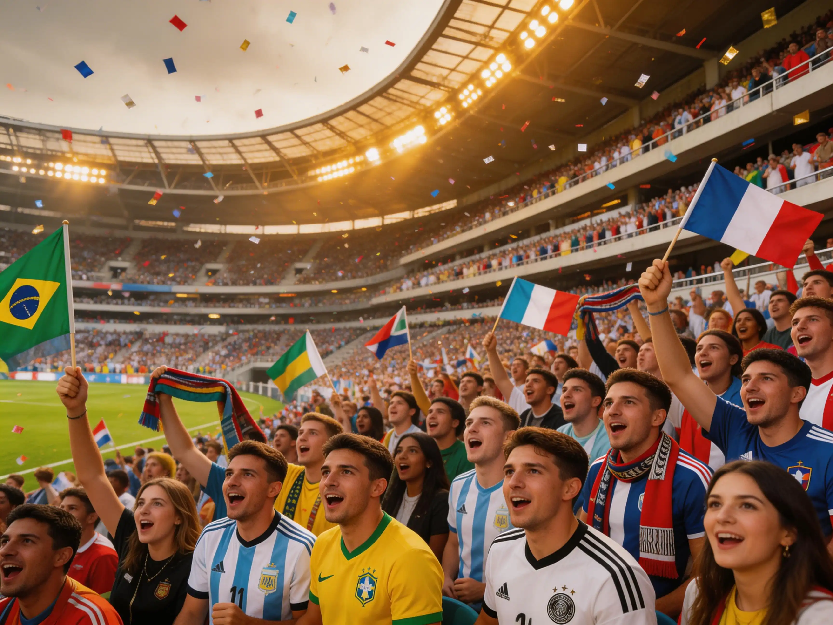 Fußballfans auf der Tribüne eines WM-2026-Stadions mit Fahnen und Schals