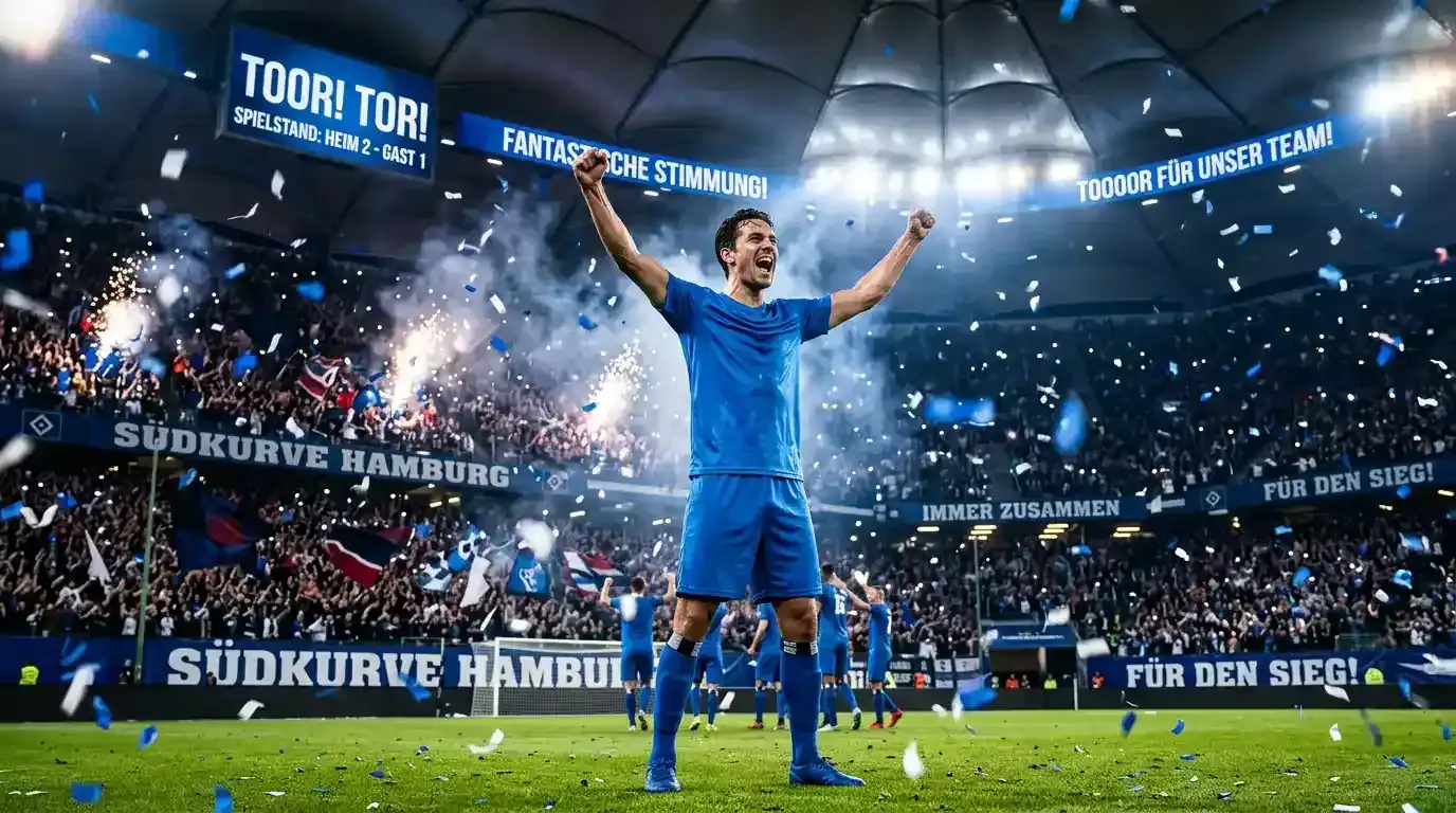 Spieler bejubelt ein Tor im vollen WM-Stadion am Abend