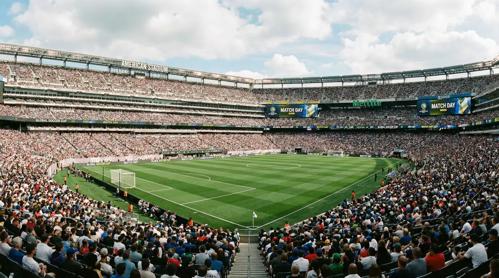 Panoramablick auf ein WM-2026-Stadion in den USA mit Zuschauern und Flutlichtmasten