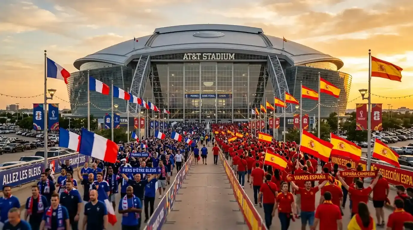 Blick auf das AT&T Stadium in Arlington bei Sonnenuntergang vor dem Halbfinale Frankreich gegen Spanien