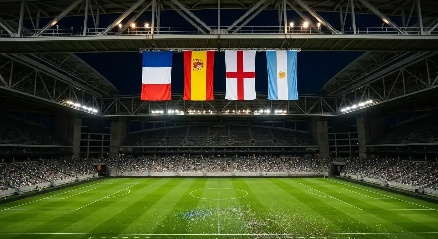 Vier Nationalflaggen (Frankreich, Spanien, England, Argentinien) nebeneinander auf einer WM-Tribüne bei Flutlicht