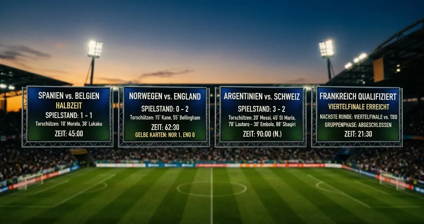 Vier WM-Viertelfinal-Anzeigetafeln in vier Stadien bei Sonnenuntergang