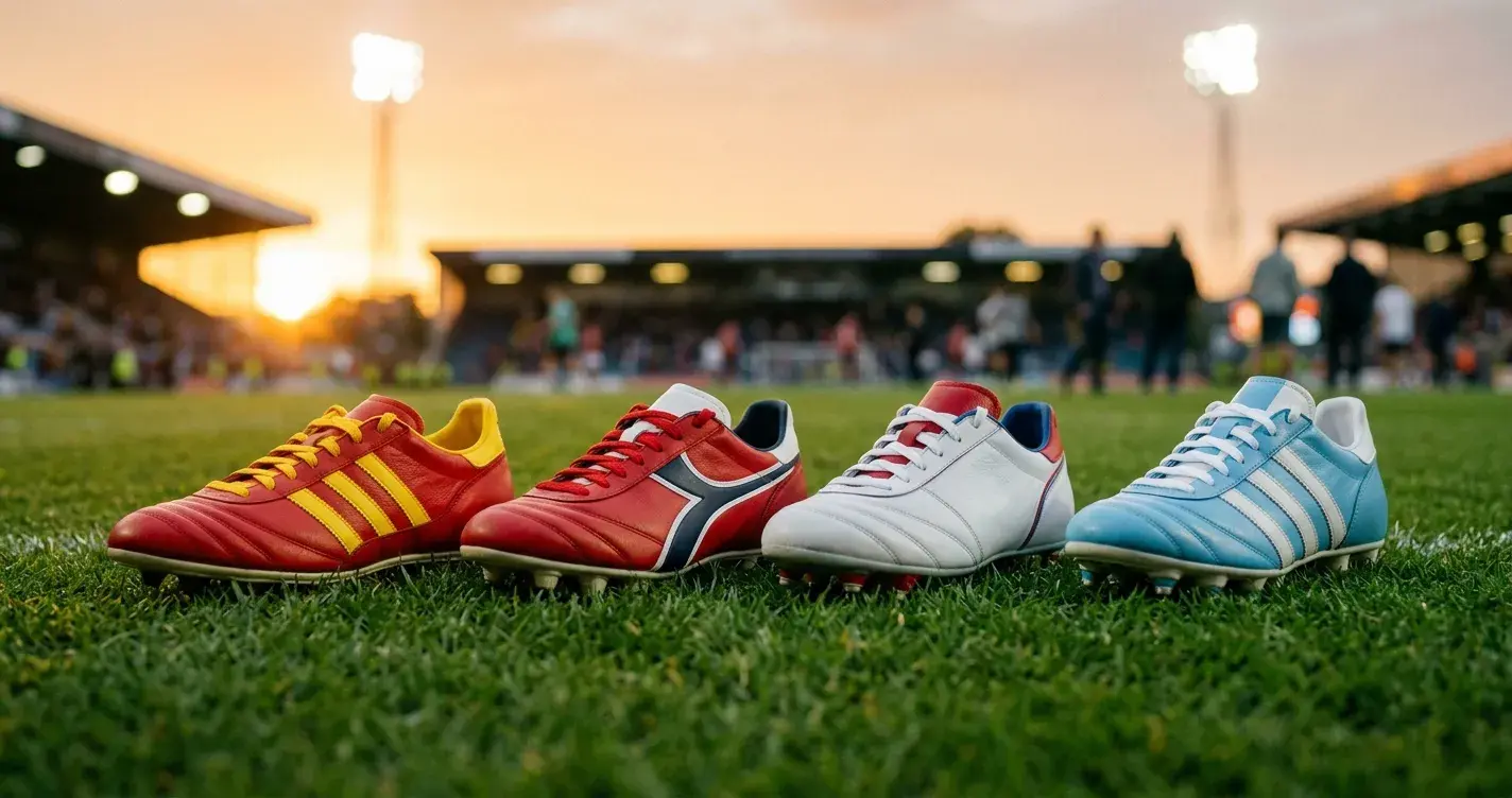 Vier Fußballschuhe nebeneinander auf einem Rasen mit Stadionlichtern im Hintergrund